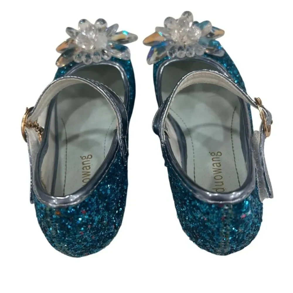 NWOT Jiadowang Dance Shoes Girls Size 31 Blue Glittered Crystal Flower Accent